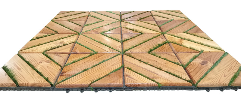 کفپوش تایل ترموود چمنی با لاک محافظ با 5 سال ضمانت دربرابر پوسیدگی ترموود وشاسی پلاستیکی مناسب فضای داخلی وخارجی ساختمان مانند استخر، سونا، باغ، بالکن