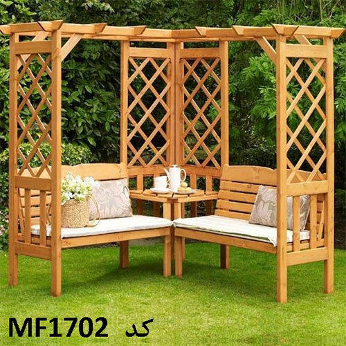 صندلی و میز باغی ترموود با سقف پرگولا و آلاچیق طرح L گروه تولیدی خانه چوبی با لاک پلی اورتان کد MF1702